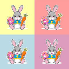 Cute Cartoon Easter Bunny Sitting with Egg and Carrot