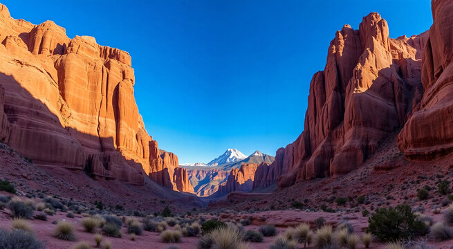 Majestic rock formations frame a distant snow-capped mountain under a clear blue sky. A rugged desert landscape captures the essence of natural beauty and solitude. - Powered by Adobe