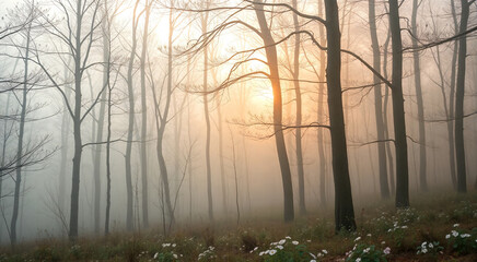 Serene forest scene at dawn, with the sun?s rays filtering through the fog. The misty landscape creates a tranquil and mystical atmosphere.