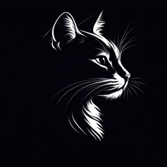Obraz premium Profile of a sleek black cat with striking features and bold white lines against a dark background highlighting its elegance
