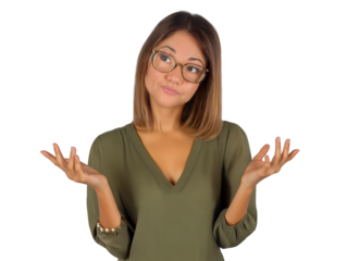 Young Caucasian woman with shrugged shoulders and hands up in "I don't know" gesture, isolated on white transparent background