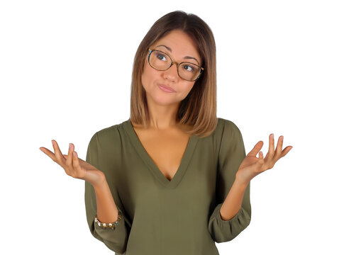 Young Caucasian woman with shrugged shoulders and hands up in "I don't know" gesture, isolated on white transparent background