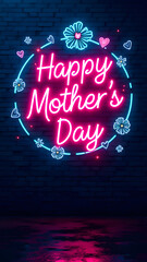 A vibrant neon "Happy Mother’s Day" sign on a gritty brick wall, blending urban style with heartfelt emotion.