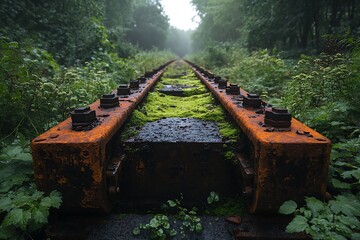 A rusted, unused railway switch in an overgrown train yard, the metal parts barely visible under layers of moss and vegetation, with the distant hum of an active industrial area