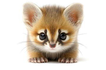 Obraz premium A swift weasel peeks up from a spotless white background, lit so carefully that any shadow is nullified. The sleek, light-brown fur is crisply outlined by high contrast, showcasing the agile 