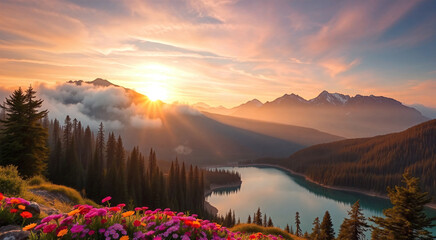 Fototapeta premium Breathtaking sunrise over a serene mountain lake surrounded by vibrant wildflowers. The golden light of dawn illuminates the peaks and creates a magical atmosphere in this idyllic landscape.