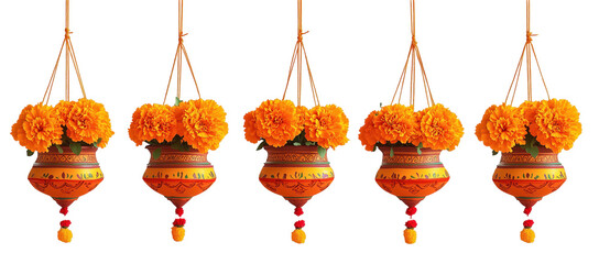 Floral Suspension: An array of terracotta pots, each overflowing with vibrant orange marigold blooms, suspended by delicate cords, creating an eye-catching display