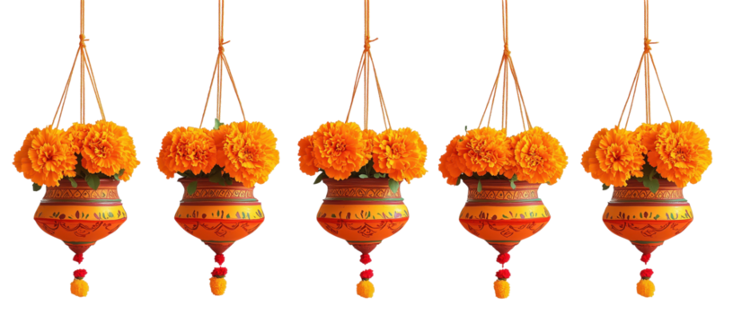 Floral Suspension: An array of terracotta pots, each overflowing with vibrant orange marigold blooms, suspended by delicate cords, creating an eye-catching display