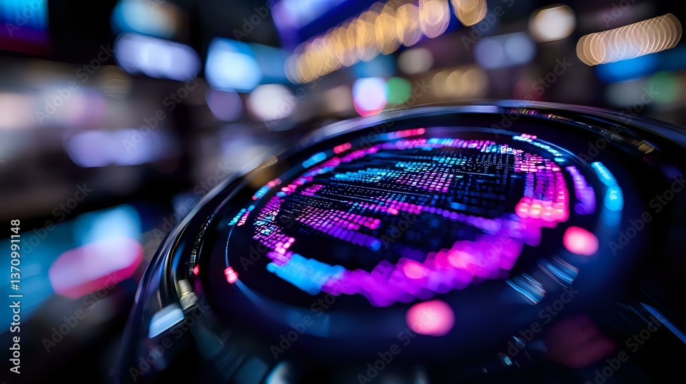 Poster futuristic macro lens reflection with vibrant purple and blue bokeh lights creating dynamic technolo