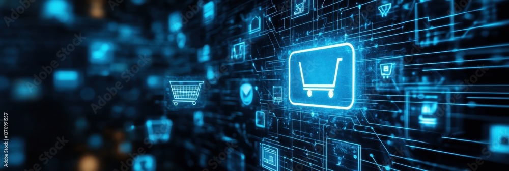 Aufkleber futuristic e-commerce digital landscape featuring floating shopping icons and neon blue cybernetic e