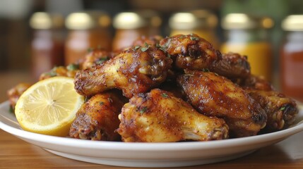 Golden-brown chicken wings, seasoned and vibrant, sit on a white plate. A bright lemon adds a pop of color. Delicious!