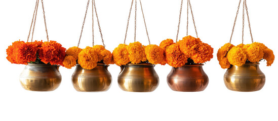 Celestial Blooms: Five ornate brass pots suspended gracefully from above, each overflowing with vibrant marigold blooms, creating a symphony of color and texture