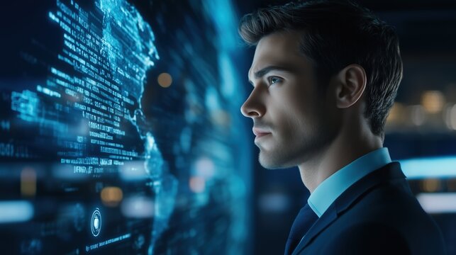 Cybersecurity analyst monitoring digital world map for global data threats - Powered by Adobe