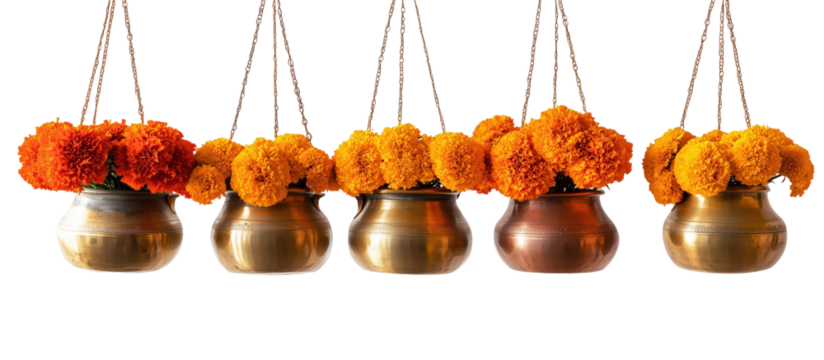 Celestial Blooms: Five ornate brass pots suspended gracefully from above, each overflowing with vibrant marigold blooms, creating a symphony of color and texture