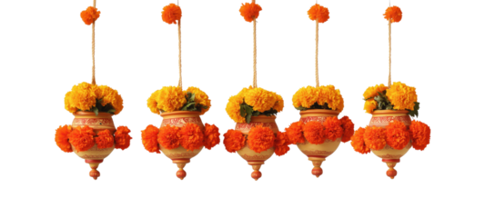 Golden Floral Delights: A charming composition showcases a string of exquisitely crafted flower baskets, each overflowing with vibrant orange and yellow marigolds, adding a touch of natural beauty.