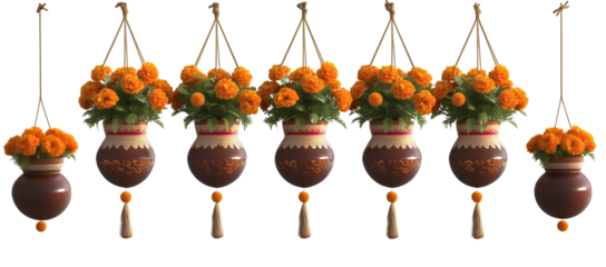 Floral Ornaments: A series of beautifully adorned hanging pots, each overflowing with vibrant orange blooms, create a captivating spectacle of natural beauty.