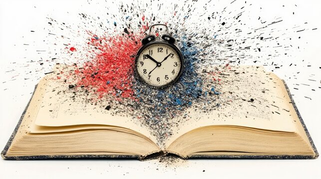 Clock atop open book with colorful dust exploding
