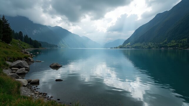 A serene view of Lake Cauma, Switzerland, at midday under cloudy skies. The calm turquoise waters reflect the overcast sky, surrounded by dense evergreen forests.