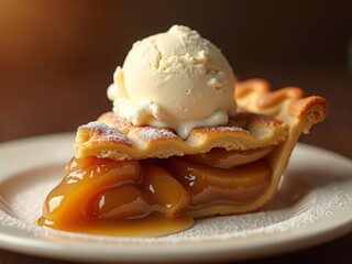 A slice of caramel apple pie topped with a scoop of vanilla ice cream, served on a white plate