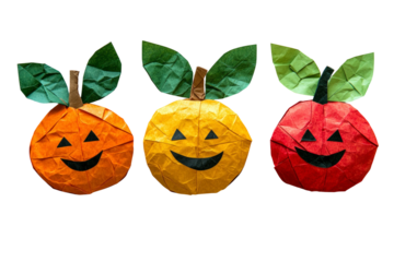 Colorful Handcrafted Origami Pumpkins with Smiling Faces and Green Leaves on a Transparent Background for Festive and Seasonal Decor