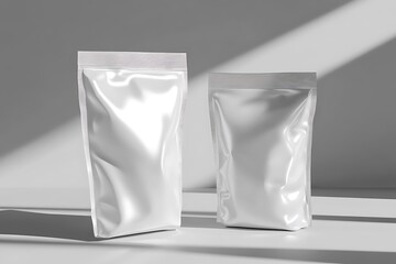 Two Glossy White Stand Up Pouches on White Background with Light and Shadow Effects