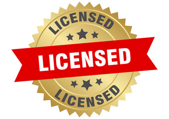 licensed. licensed round red and gold label isolated on transparent background
