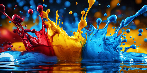 High-resolution close-up image depicting a vibrant color splash.  Three primary colors &ndash; cyan, magenta, and yellow &ndash; are dynamically projected, creating a sense of motion and energy.  The liquids