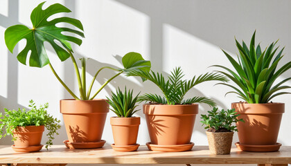 Obraz premium Potted indoor plants in terracotta pots on wooden table 