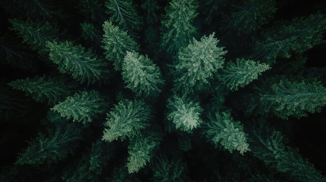 Looking up at the green tops of trees in a lush forest
