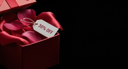 Gift box with rose petals and discount tag