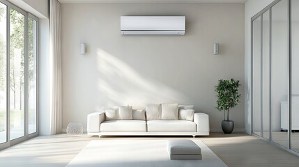 A air conditioner hangs on the wall in a bright room and cools the room	