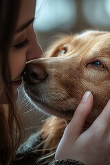 Close-up shot depicting a woman gently kissing a golden retriever dog on its nose.  The image is softly lit, emphasizing the textures of the dog's fur and the woman's skin.  Shallow depth of field