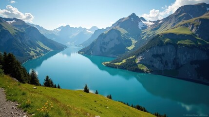 Obraz premium A stunning photo of Lake Silvaplana in Switzerland, Europe, under sunny weather during mid-day, shot from above, with sparkling blue water and sunlit mountain views.