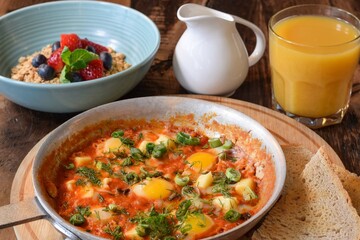 Breakfast shakshuka and bowl of granola with glass of orange juice on wooden table