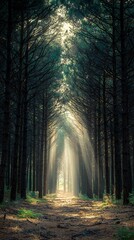 Fototapeta premium Serene Sunlight Beams Through Tall Pine Trees Illuminating a Forest Path Creating a Magical Atmosphere