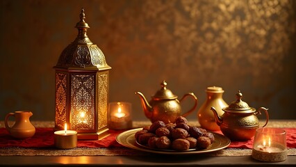 Luxurious Eid table setting with lanterns, Arabic coffee, and dates