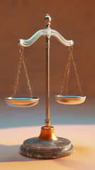 Close-up shot of a pair of metallic scales, rendered in a polished gold tone against a muted brown background. The scales feature oval-shaped pans suspended by delicate chains from a central vertical