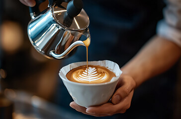Close-up shot of a barista's hand pouring microfoam milk into a coffee cup, creating latte art.  The image focuses on the precise pouring technique and the resulting intricate design in the crema.