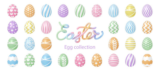 Easter egg collection in 3D vector, pastel colors with hearts, stripes, and floral patterns. Festive spring design concept