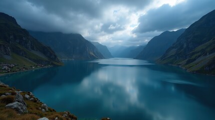 A high-quality photo of Lake Silvaplana in Switzerland, Europe, at night with cloudy skies, taken from above, featuring a shimmering lake and dark mountain silhouettes.