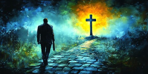 Man Walks Path to Cross