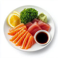 High-angle, close-up view of a sashimi platter featuring slices of salmon and tuna arranged artfully on a white plate.  The salmon exhibits a rich orange hue, while the tuna displays a deep red tone.