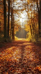 Obraz premium Golden Autumn Sunlight Illuminates Path Through Forest Trees Fallen leaves carpet the ground A picturesque autumnal scene perfect for nature lovers