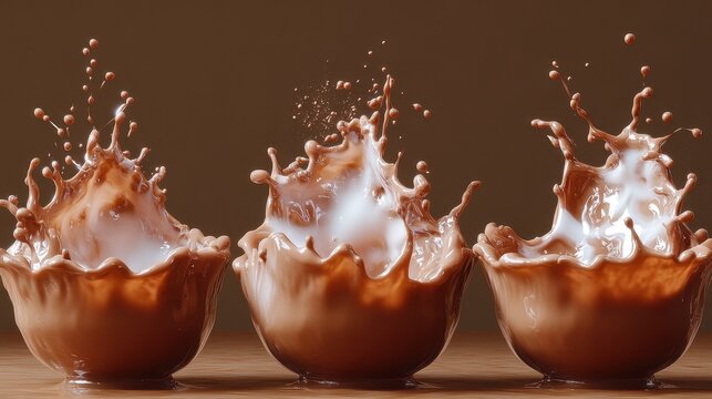 Three chocolate cups overflowing with milk splashes on brown background