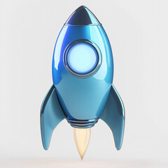 Close-up view of a 3D rendered blue rocket ship. The rocket is depicted with a glossy, metallic finish, exhibiting highlights and reflections suggesting a smooth surface. The nose cone features a
