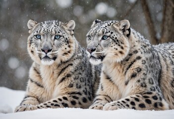 Fototapeta premium Two snow leopards resting peacefully in a snowy landscape 