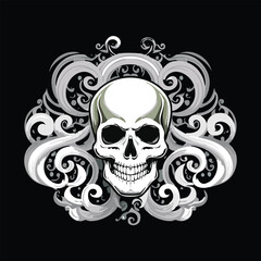 Skull with decorative swirls, black background. Artistic, monochromatic design, spooky, gothic