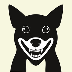 Smiling black dog illustration with sharp teeth, white eyes, pointed ears