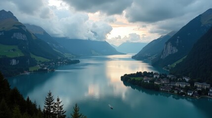 Aerial view of Lake Geneva at dawn, under cloudy skies. The lake stretches beneath soft mist, while the first light of day subtly illuminates the landscape.