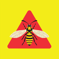 Vector illustration of a bee inside red triangle, on yellow backdrop
